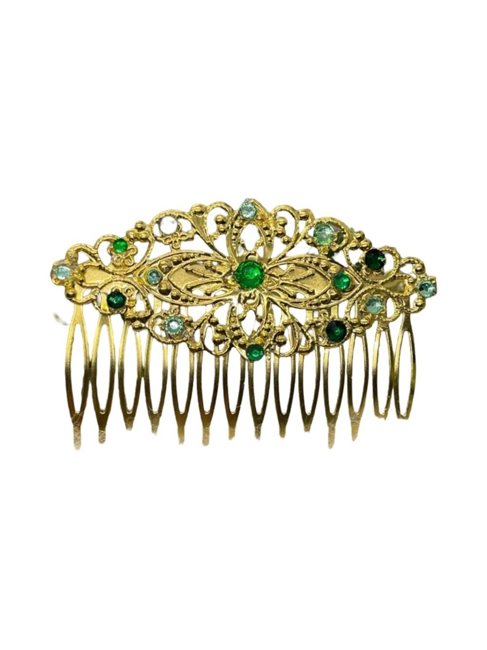 Gold Floral Hair Comb with Green Crystal Accents 3,0”FINAL PRICE DROP